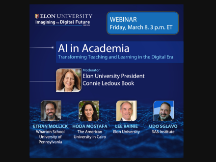 Graphic promoting the March 8 webinar AI in Academic hosted by Elon President Connie Ledoux Book